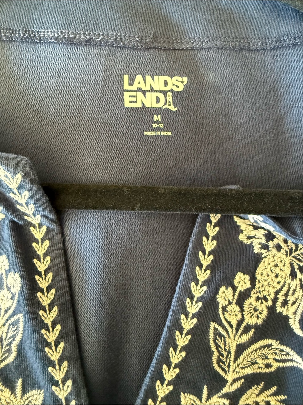 Lands' End Navy Top with Gold Floral Embroidery